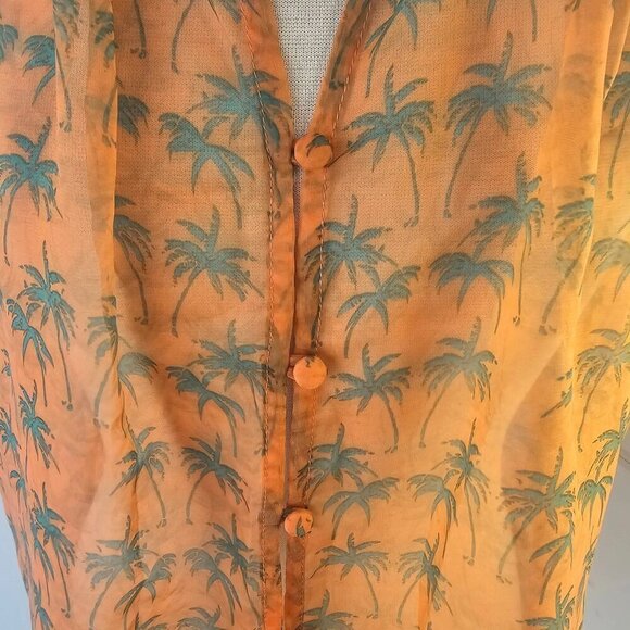 Bar III Sheer Peach Sleeveless Top Women M Btn Loop Close Green Palm Trees NEW - Picture 5 of 9